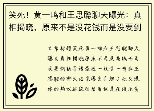 笑死！黄一鸣和王思聪聊天曝光：真相揭晓，原来不是没花钱而是没要到钱