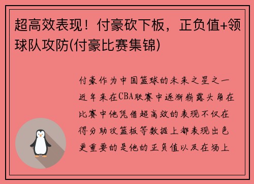 超高效表现！付豪砍下板，正负值+领球队攻防(付豪比赛集锦)