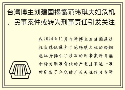 台湾博主刘建国揭露范玮琪夫妇危机，民事案件或转为刑事责任引发关注