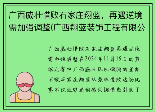 广西威壮惜败石家庄翔蓝，再遇逆境需加强调整(广西翔蓝装饰工程有限公司)