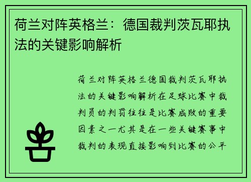荷兰对阵英格兰：德国裁判茨瓦耶执法的关键影响解析