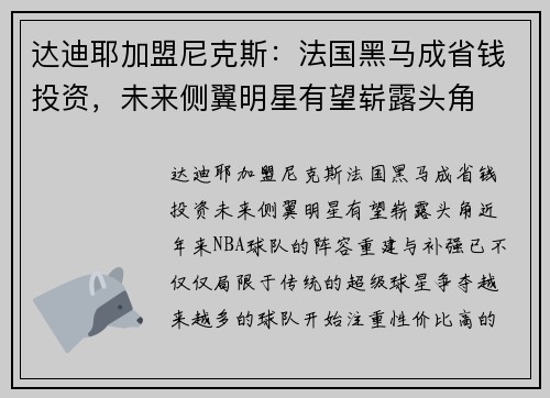 达迪耶加盟尼克斯：法国黑马成省钱投资，未来侧翼明星有望崭露头角
