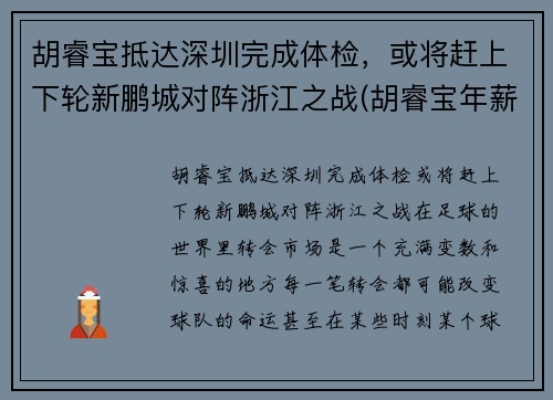 胡睿宝抵达深圳完成体检，或将赶上下轮新鹏城对阵浙江之战(胡睿宝年薪2700万)