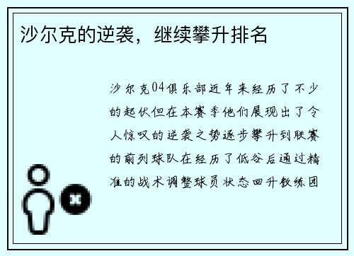 沙尔克的逆袭，继续攀升排名